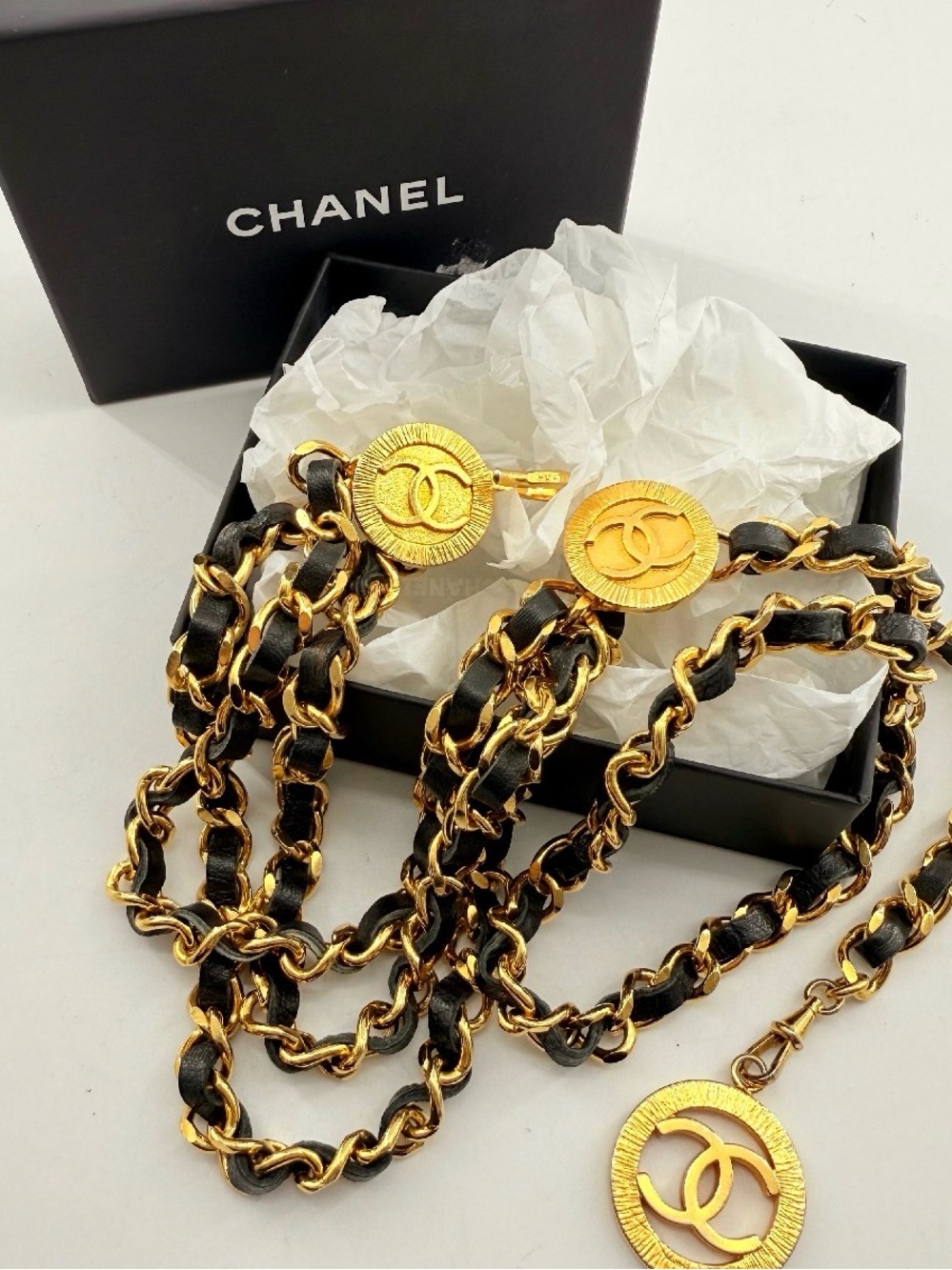 Chanel Gold-Tone Chain Belt with Black Leather Weaving